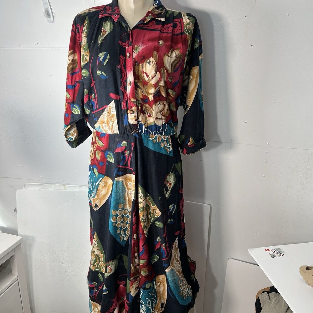 Vintage 90s Nina Piccalino abstract floral motif jewel tone Dress secretary